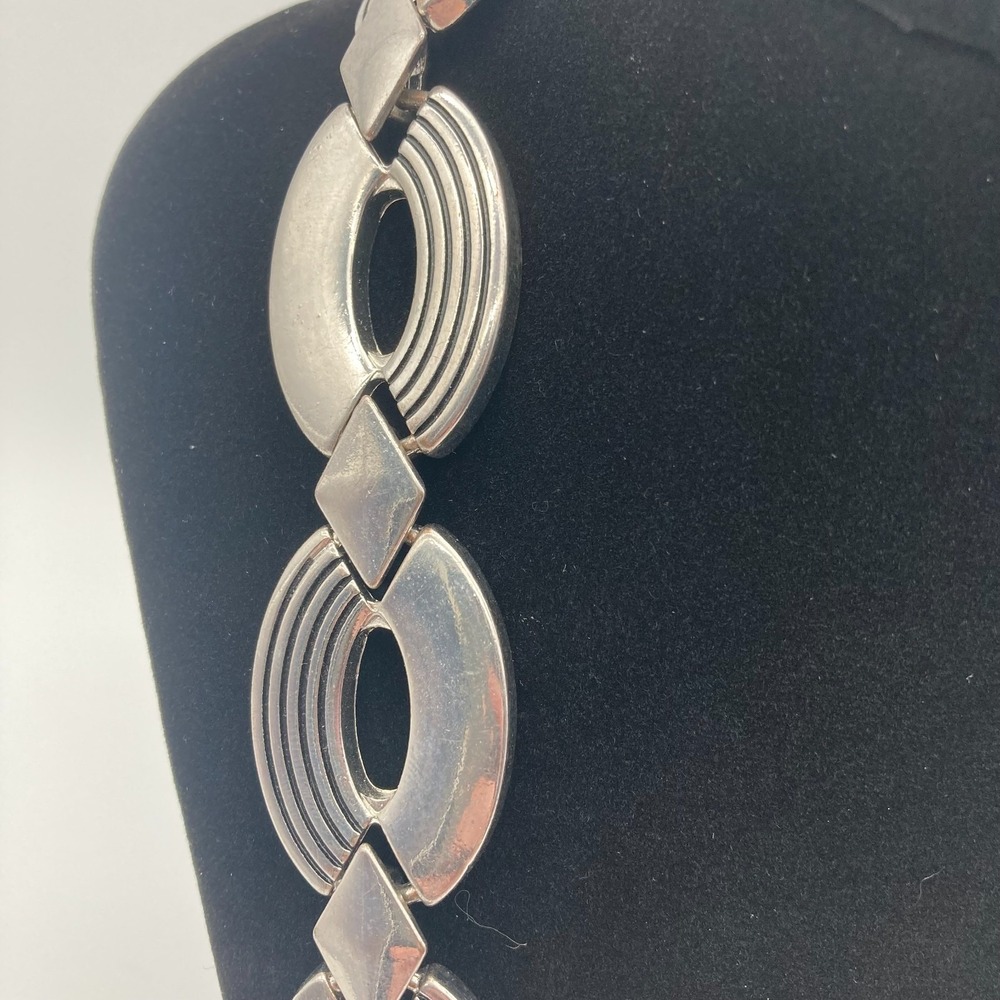 Vintage 80s Art Deco Revival Silver Tone Statement Bib Necklace Ribbed Geometric - Picture 3 of 6
